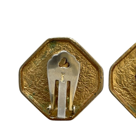 YSL Vintage Gold and Silver Hexagon Clip On Earrings - Picture 4 of 6
